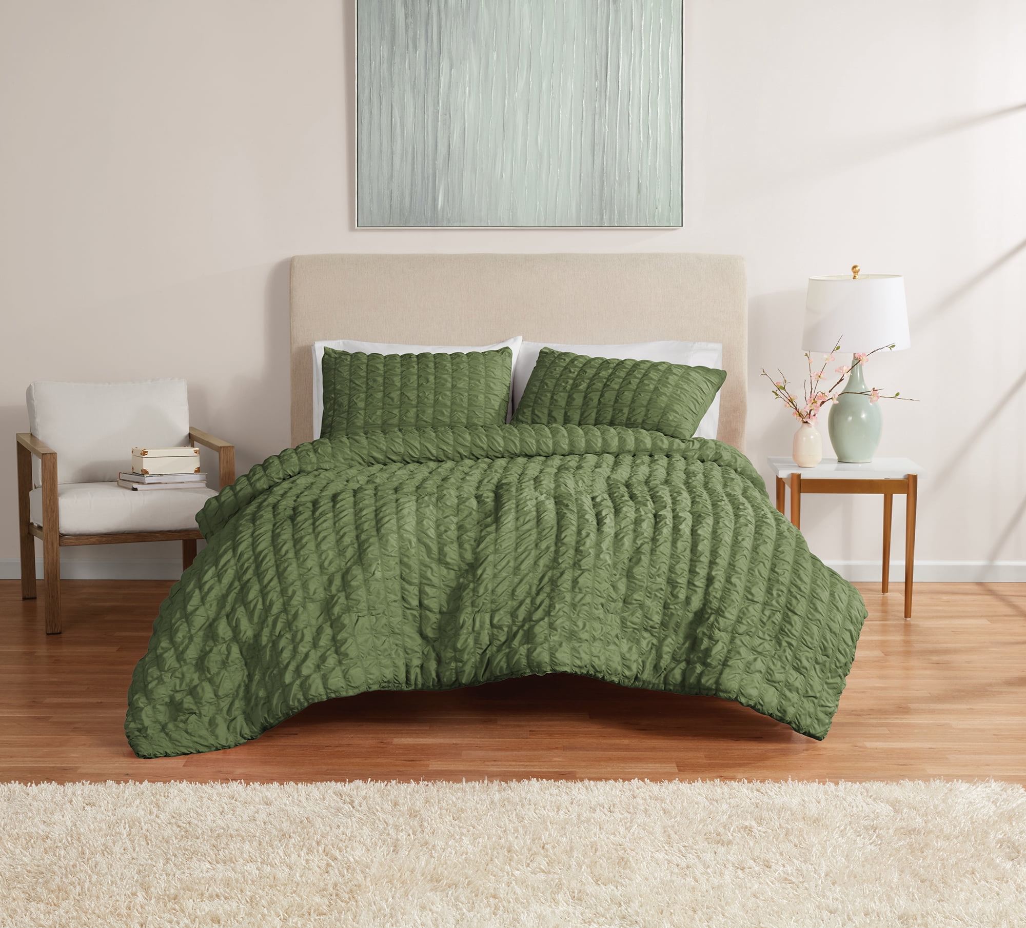 Mainstays Full/Queen Comforter Set, All-Season, 3-Piece, Green Puffy Seersucker