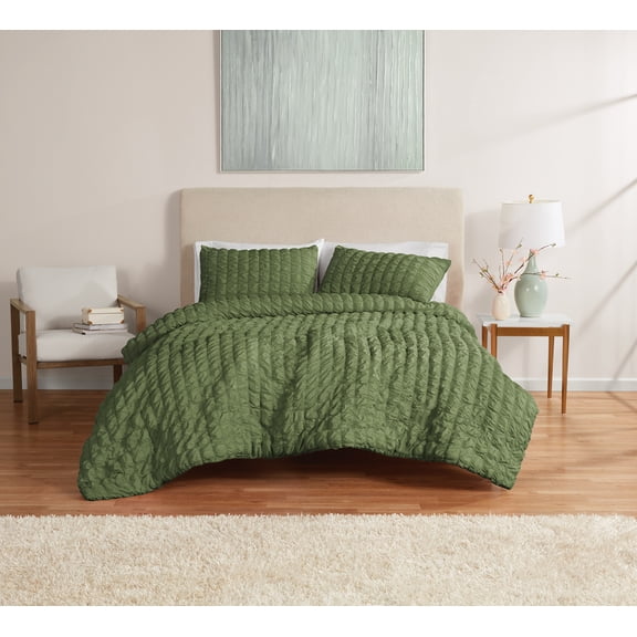 Mainstays King Comforter Set, All-Season, 3-Piece, Green Puffy Seersucker