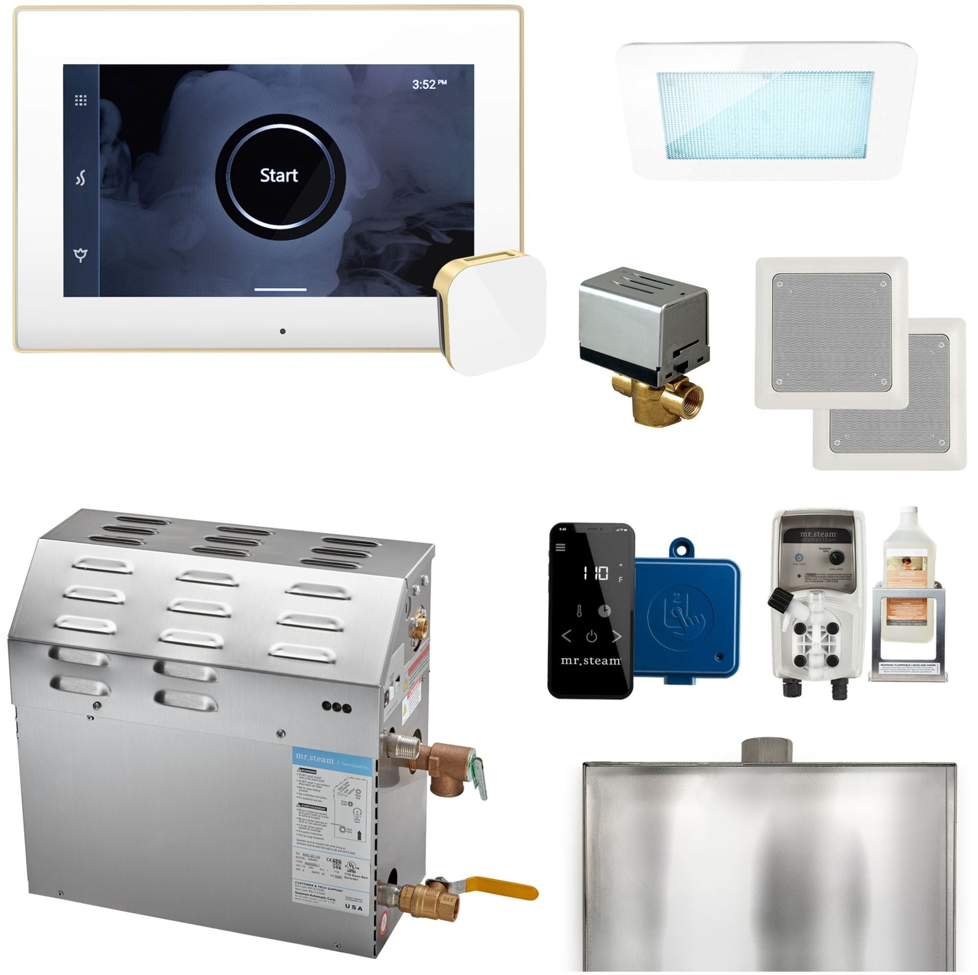 MS400 9kW Steam Shower Unit Package of 240 Volt \u0026 1-Phase with iSteamX  Control in White Satin Brass (max 257 cubic feet) - Walmart.com, image size:2005x2000