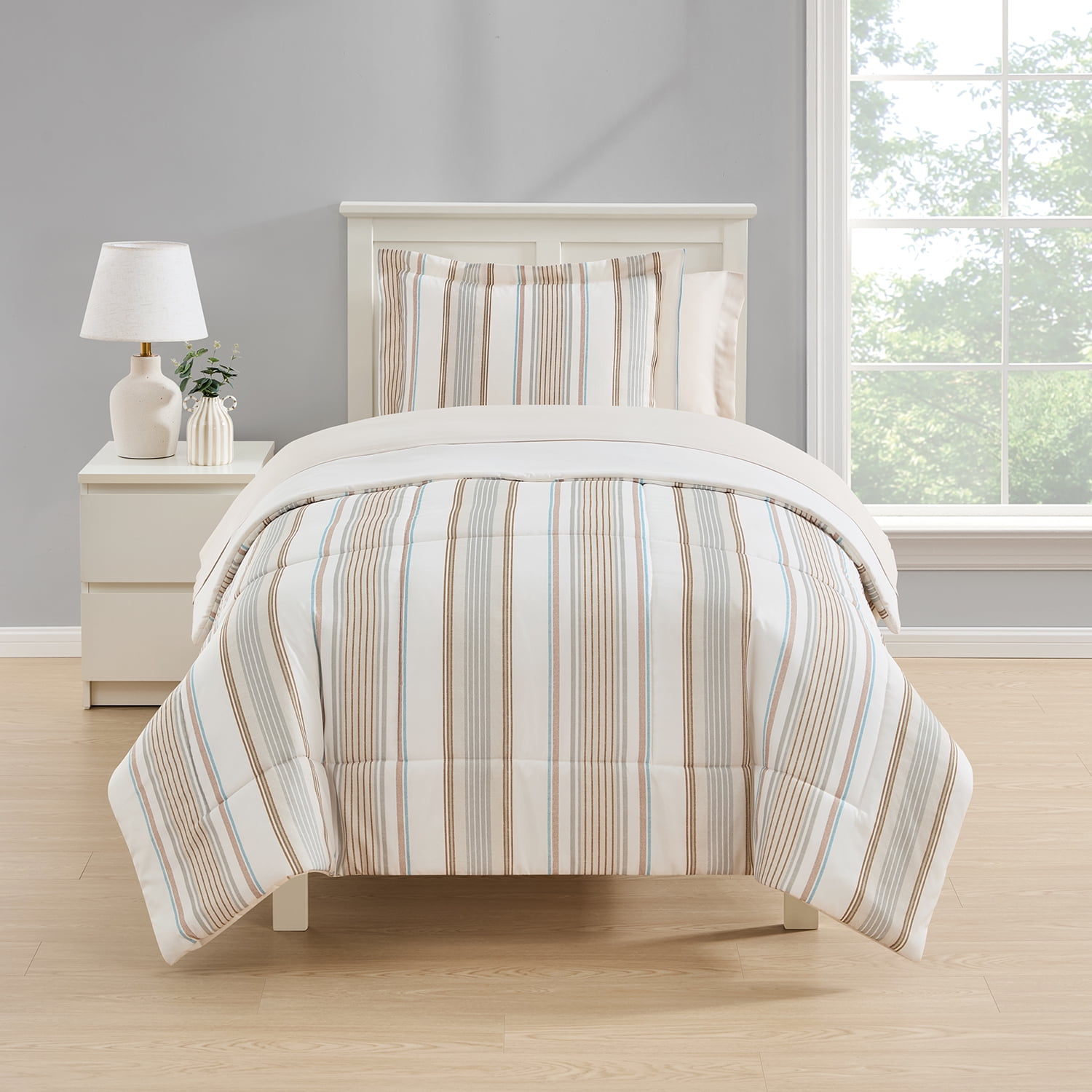 Mainstays All in One Reversible Comforter and Sheet set- 5 Piece, Twin, Beige Stripe