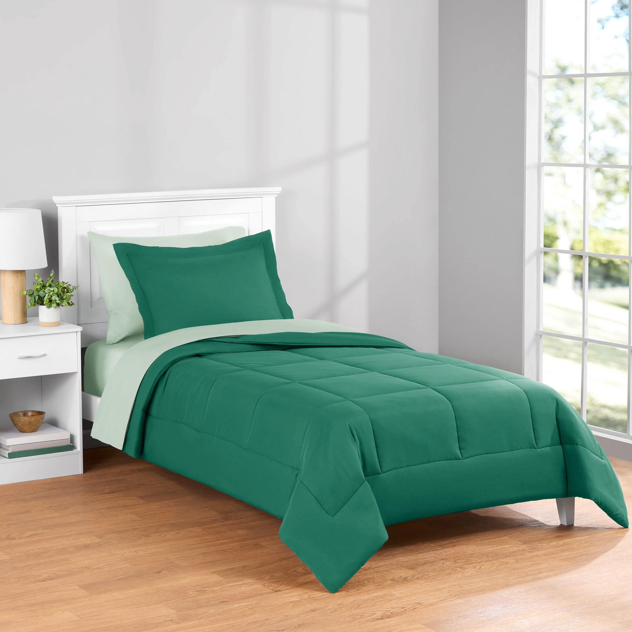 Mainstays All in One Reversible Comforter and Sheet set- 5 Piece, Twin, Green