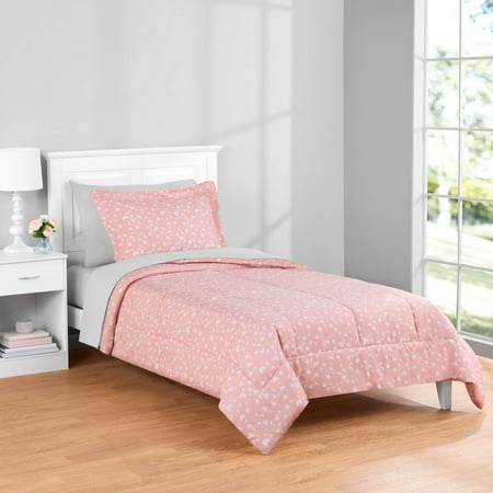 Mainstays All in One Reversible Comforter and Sheet set- 5 Piece, Twin, Pink and White Heart