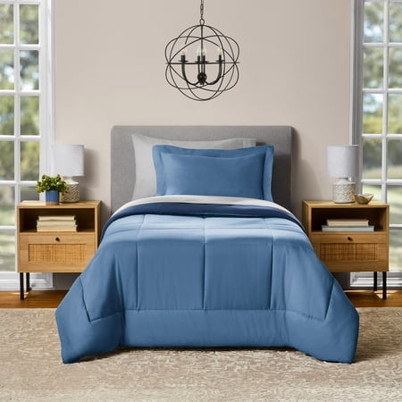 Mainstays All in One Reversible Comforter and Sheet Set- 5 Piece, Twin, Light Blue