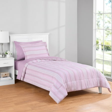 Mainstays All in One Reversible Comforter and Sheet set- 5 Piece, Twin, Purple and White Stripe