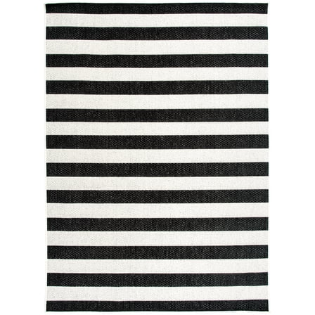 Mainstays Black and White Striped Cabana Woven Outdoor Rug, 5'x7'