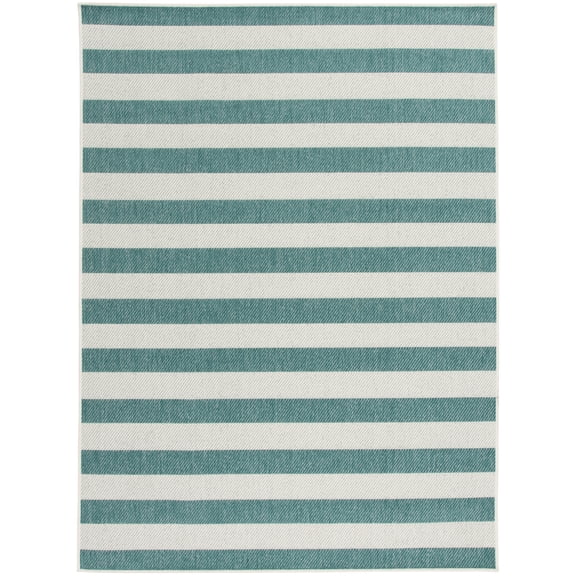 Mainstays Teal and White Striped Southwest Cabana Woven Outdoor Rug, 5' x 7'