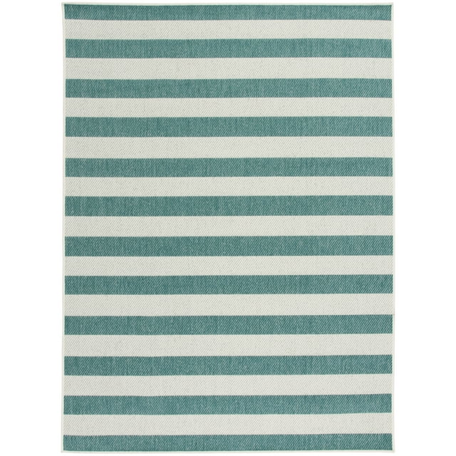 Mainstays Teal and White Striped Southwest Cabana Woven Outdoor Rug, 5' x 7'