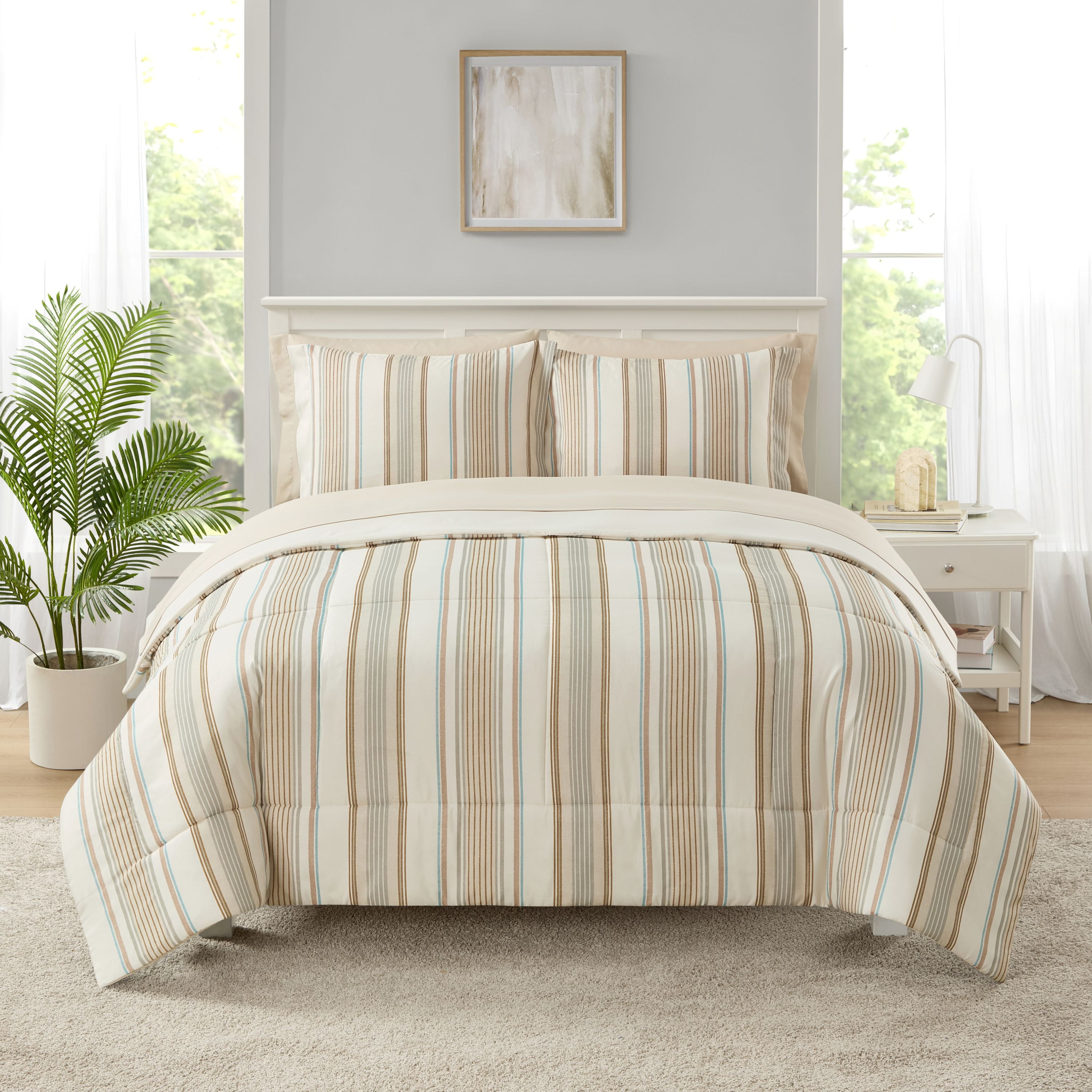 Mainstays All-In-One Reversible Comforter and Sheet Set - 7 Piece, King, Beige Stripe
