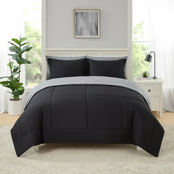 Mainstays All in One Reversible Comforter and Sheet set- 7 Piece, Queen, Black