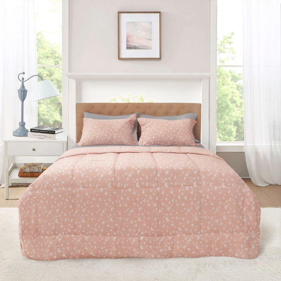 Mainstays All in One Reversible Comforter and Sheet set- 7 Piece, Full, Pink and White Heart
