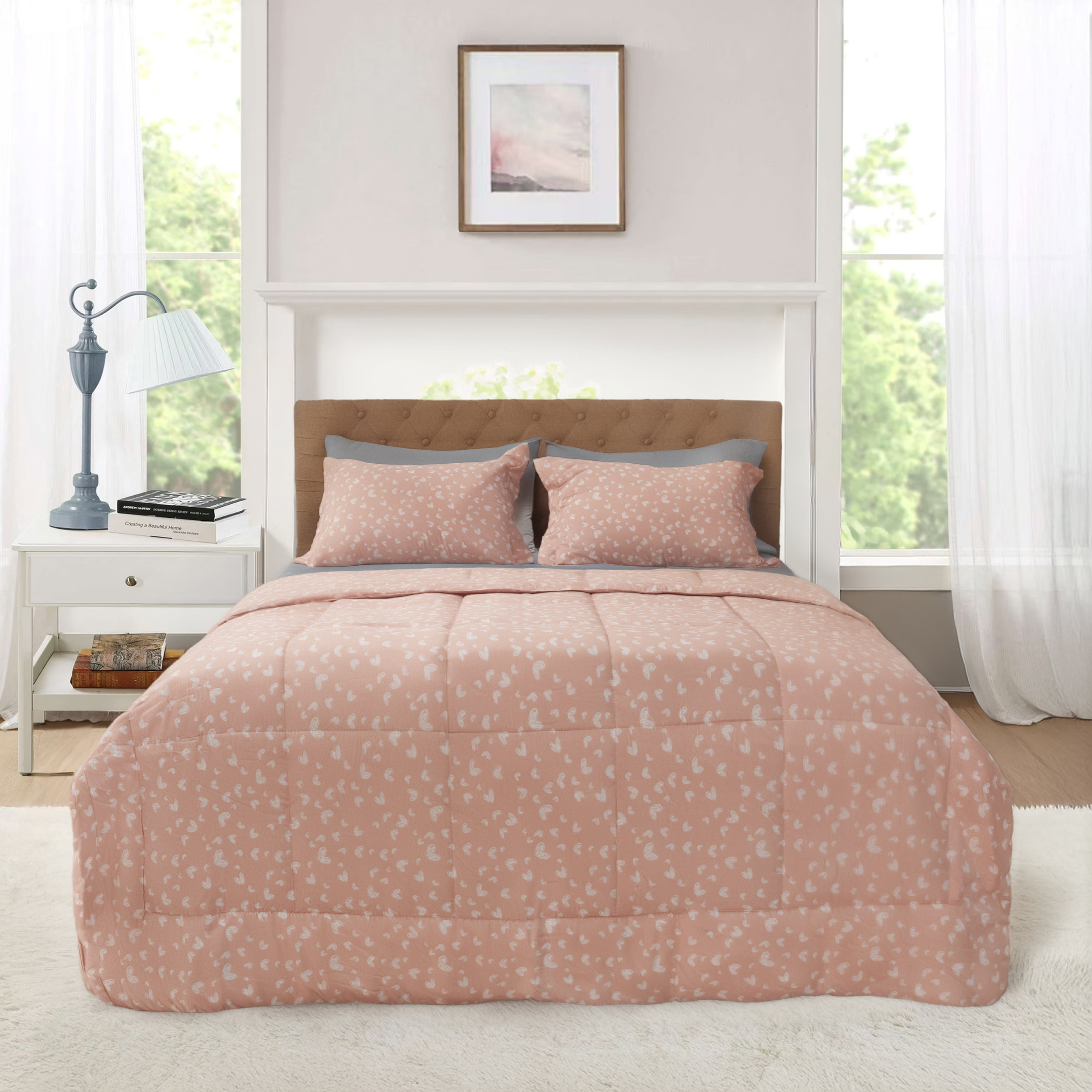 Mainstays All in One Reversible Comforter and Sheet set- 7 Piece, Queen, Pink and White Heart