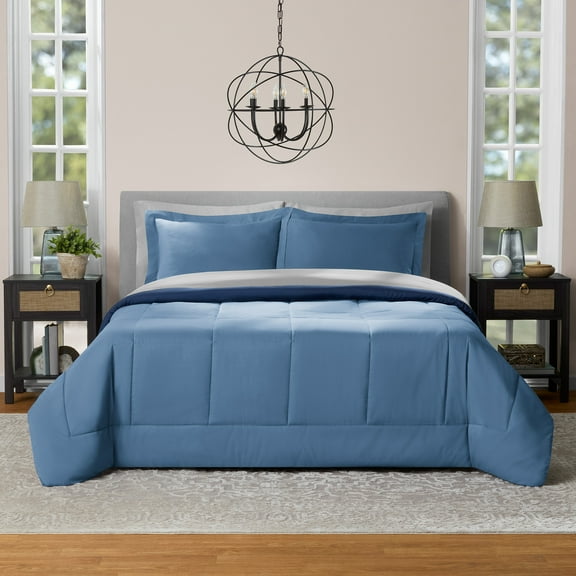 Mainstays All in One Reversible Comforter and Sheet Set- 7 Piece, King, Light Blue