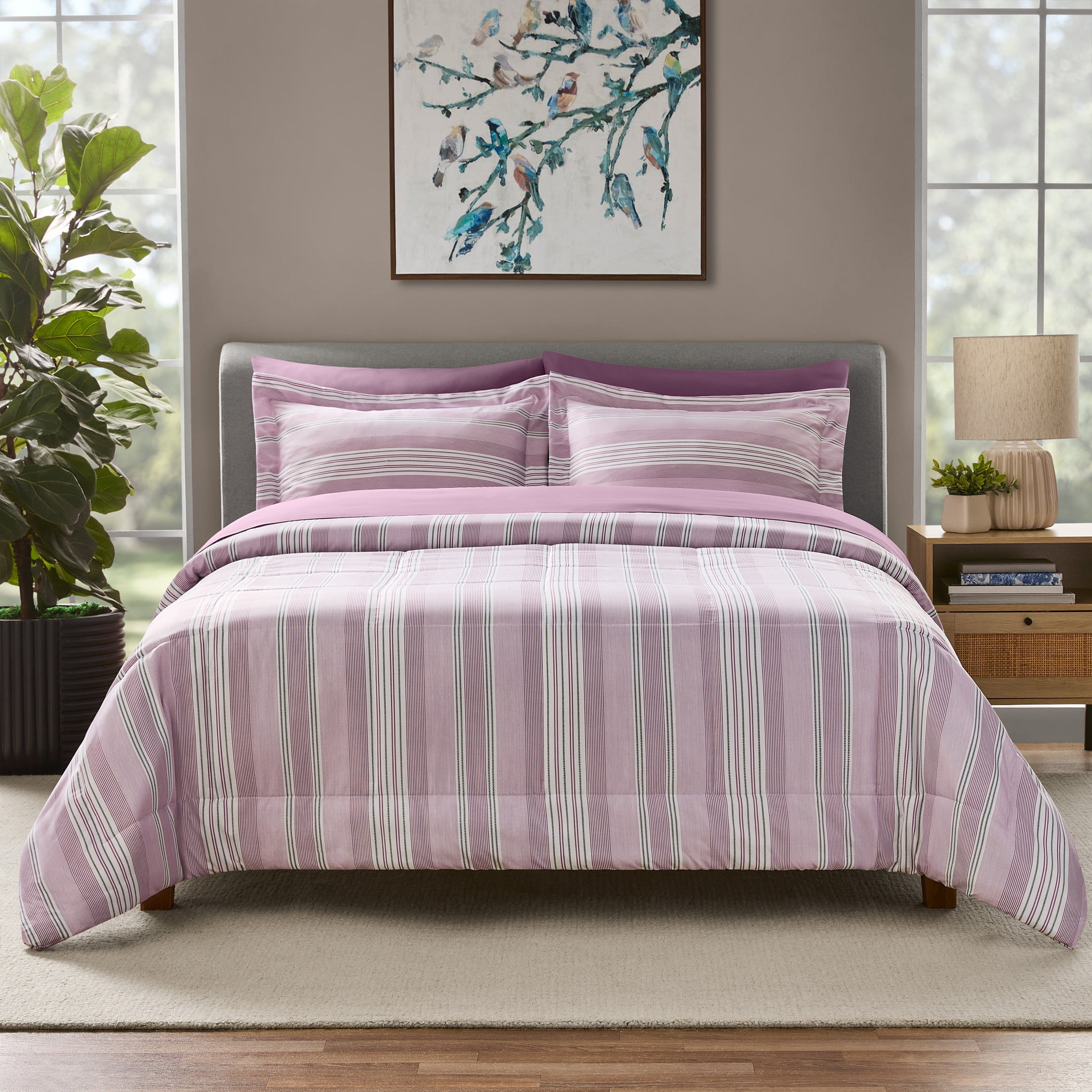 Mainstays 7-Piece Reversible Bed in a Bag Comforter and Sheet Set, Full, Purple and White Stripe