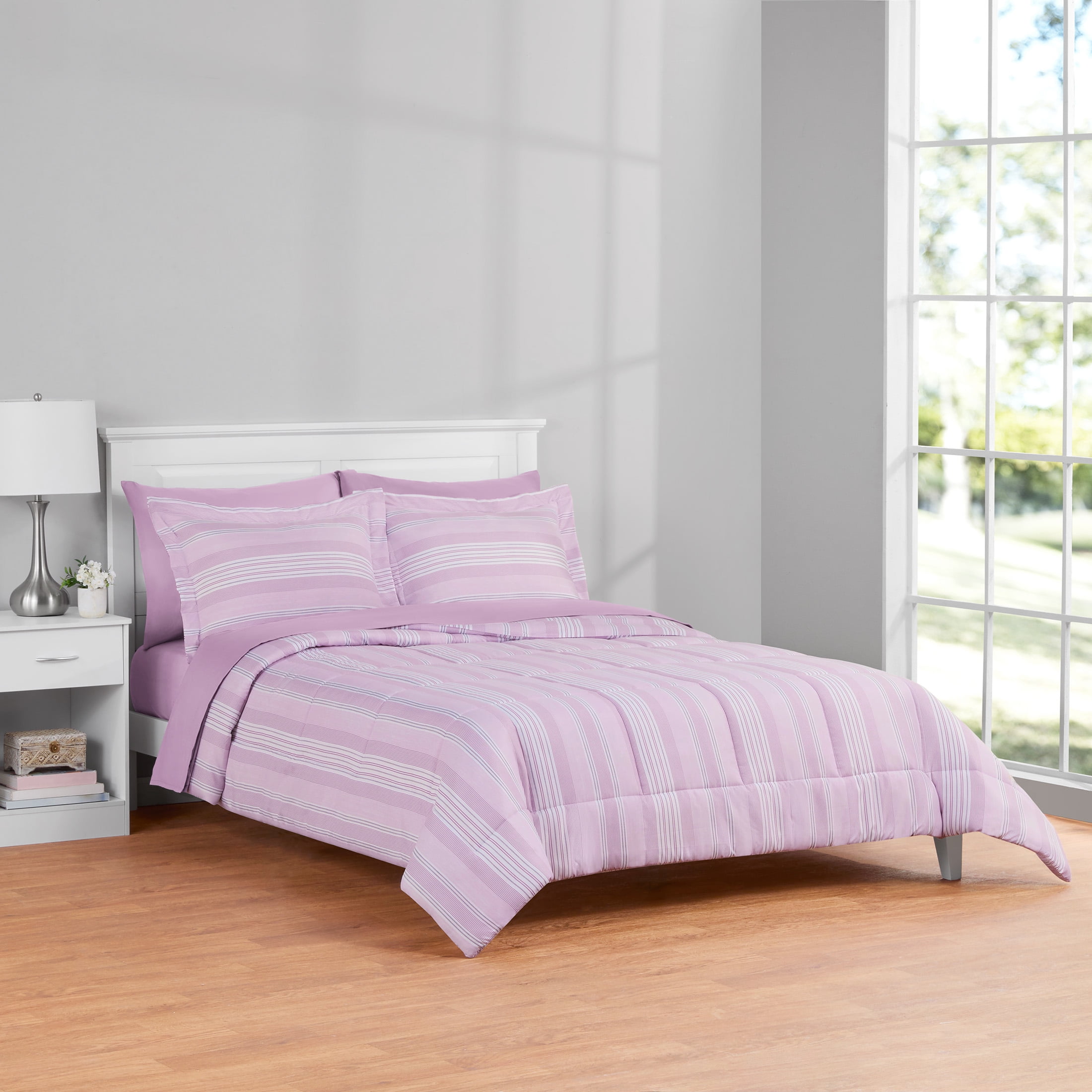 Mainstays All in One Reversible Comforter and Sheet set- 7 Piece, King, Purple and White Stripe