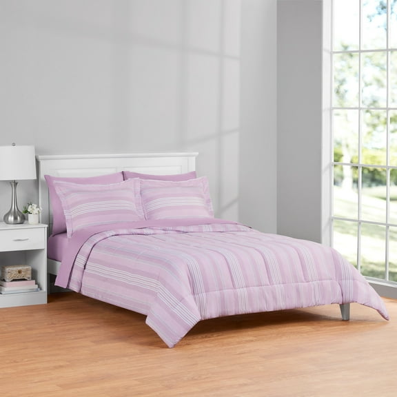 Mainstays All in One Reversible Comforter and Sheet set- 7 Piece, King, Purple and White Stripe