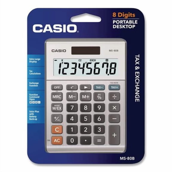 MS80B 8-Digit Battery and Solar Basic Calculator, LCD, Navy Blue | Bundle of 5