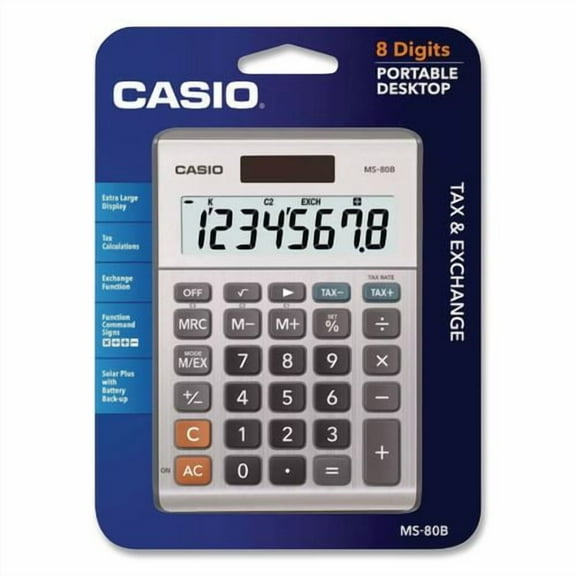 MS80B 8-Digit Battery and Solar Basic Calculator, LCD, Silver | Bundle of 5