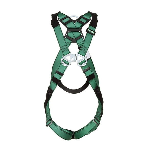 MSA 10197197 V-Form Full Body Safety Harness - Size: Extra Large, D-Ring Configuration: Back, Qwik Fit Leg Straps, Color: Green, Full Body Harness, Durable, Fall Protection CA2