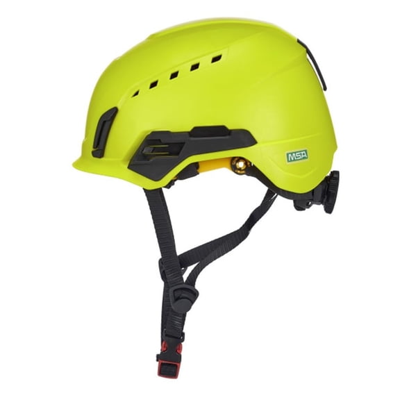 MSA 10242821 V-Gard H2 Pro Safety Type 2 with Comfortable Fas-Trac III Ratchet Suspension | Push-Button Accessory Rail and Universal Lighting Clips | MIPS | Vented, Standard in Hi-Viz Yellow CA2