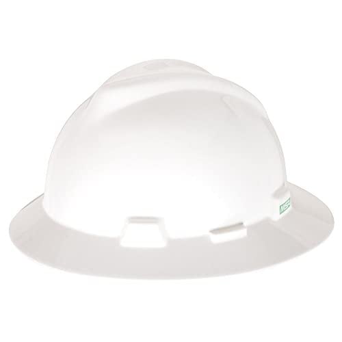 MSA 454733 V-Gard Full-Brim Hard Hat with Staz-on Pinlock Suspension Polyethylene Shell, Superior Impact Protection, Self Adjusting Crown Straps - Standard Size in White - Item Name