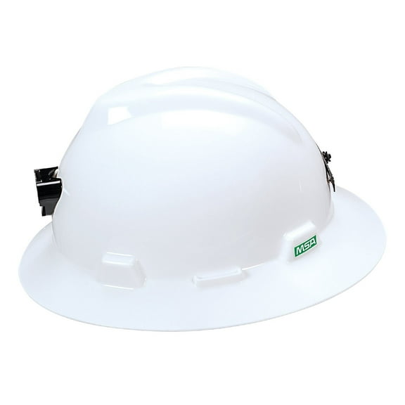 MSA 460069 Polyethylene V-Gard Slotted Full-Brim Hat with Staz-On Suspension, Lamp Bracket and Cord Holder, White, Standard CA2