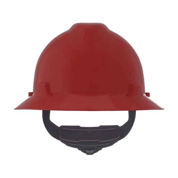 MSA 475371 V-Gard Full-Brim Hard Hat With Fas-Trac III Ratchet Suspension, Polyethylene Shell, Superior Impact Protection, Self Adjusting Crown-Straps - Standard Size in Red