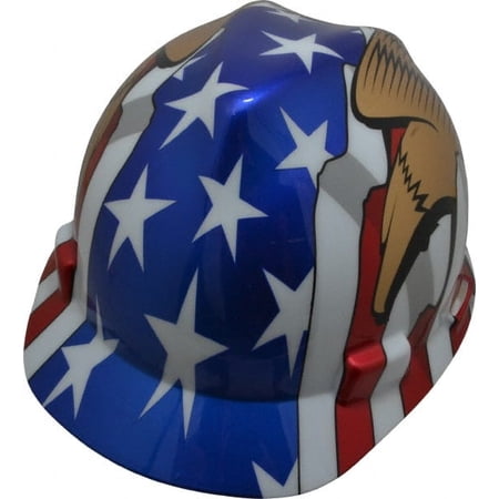 MSA ANSI Type I, Class E Rated, 4-Point, Ratchet Adjustment Hard Hat Size 6-1/2 to 8, Colored Graphics, Standard Brim, American Flag with Eagles