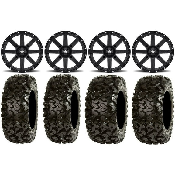MSA Black Clutch 12" UTV Wheels 25" Rip Saw Tires Kawasaki Teryx Mule