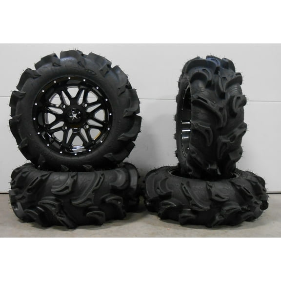 MSA Black Vibe 14" ATV Wheels 27" Mega Mayhem Tires Honda Rincon Yamaha Rhino Kawasaki Brute Force Suzuki KingQuad