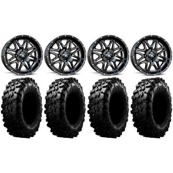 MSA Black Vibe 14" ATV Wheels 28" Carnivore Tires Can-Am Commander Maverick Renegade Outlander Defender