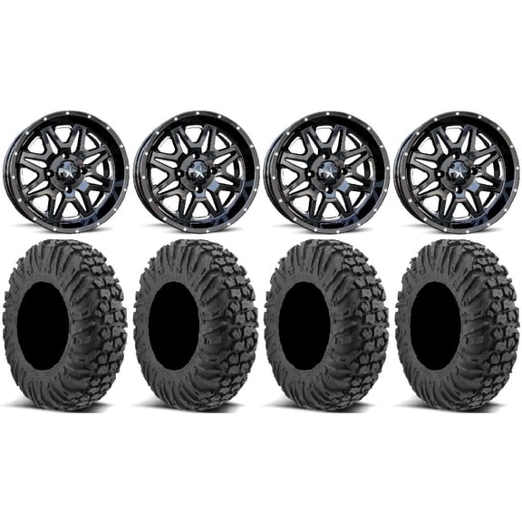 MSA Black Vibe 14" UTV Wheels 27" MotoVator Tires Honda Pioneer