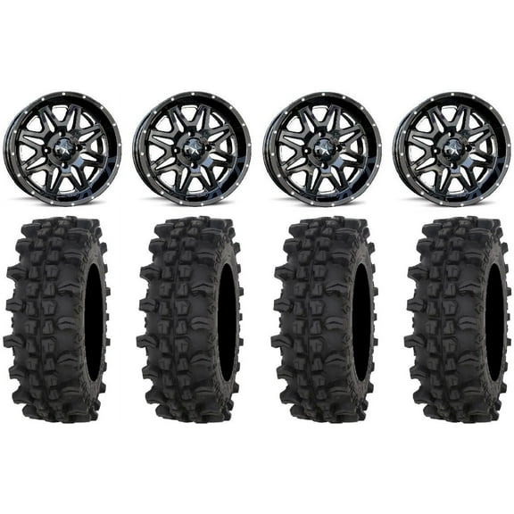 MSA Black Vibe 14" UTV Wheels 28" ACP Tires Kawasaki Mule Pro FXT
