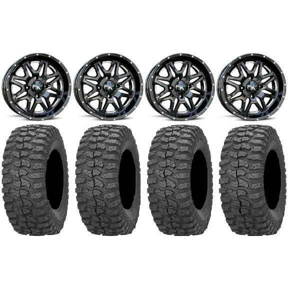 MSA Black Vibe 14" UTV Wheels 32" Rock-A-Billy Tires Can-Am Maverick X3 / Honda Pioneer 1000 / Talon