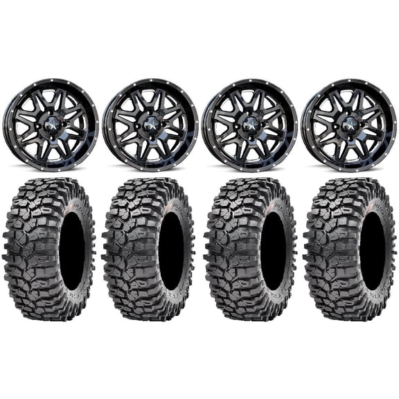 MSA Black Vibe 14" UTV Wheels 35" Roxxzilla Tires Kawasaki Mule Pro FXT
