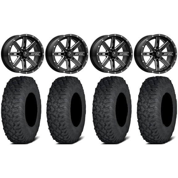 MSA Milled Boxer 15" UTV Wheels 32" Coyote Tires Kawasaki Mule Pro FXT