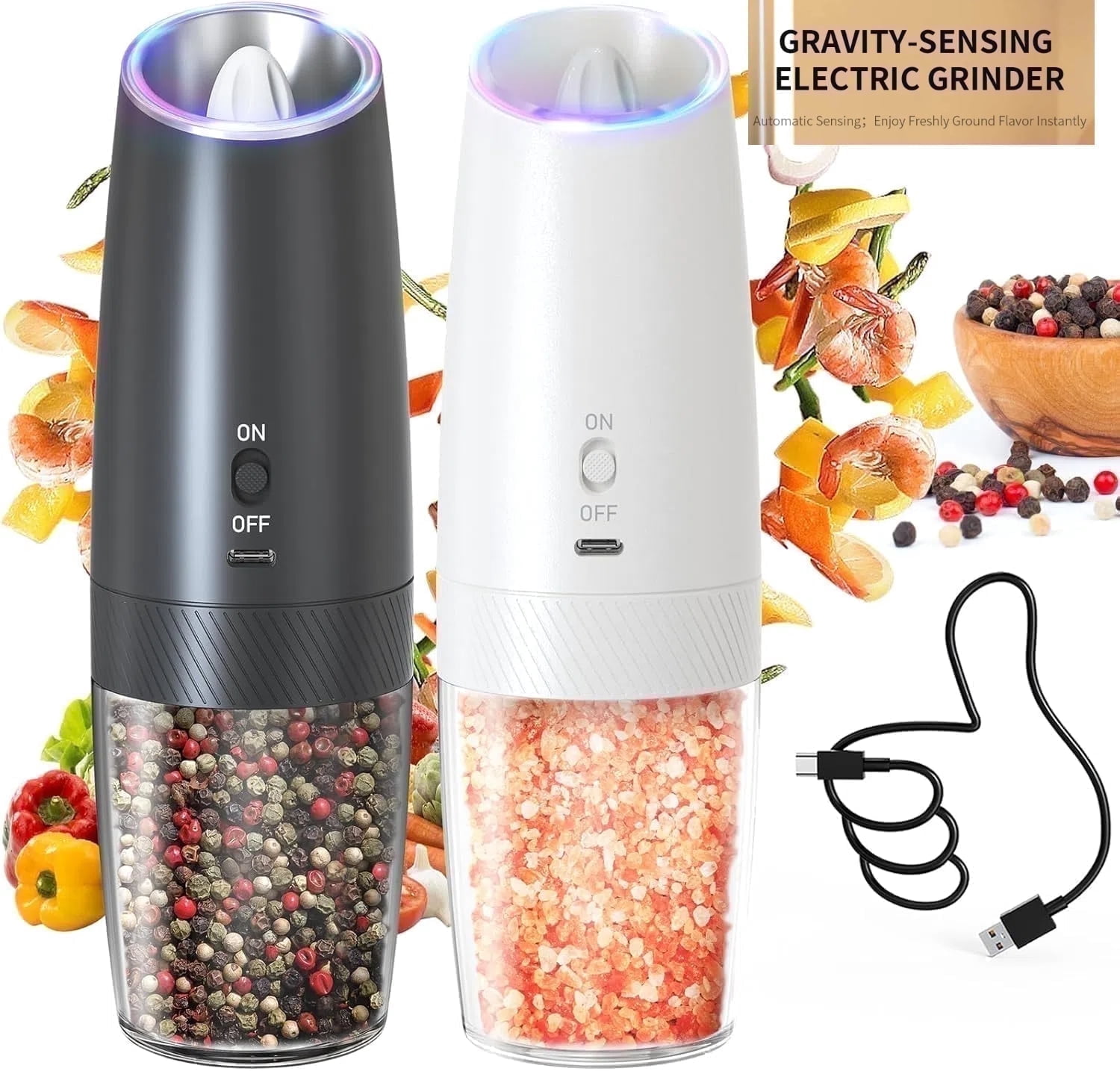 MSAS Gravity Auto-Start Electric Salt & Pepper Grinder Set，Rechargeable, for Kitchen and BBQ, 2 Pack