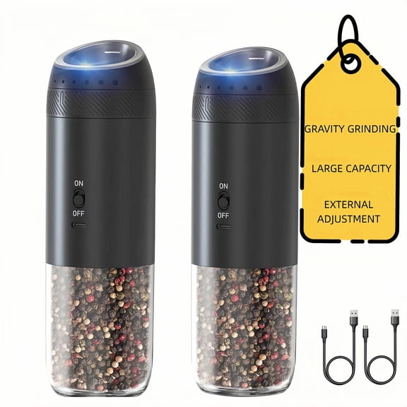 MSAS Electric Gravity LED Light 6 External Adjustable Coarseness 6oz Black Salt & Pepper Mill Grinder Shakers 2 Pack