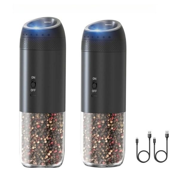 MSAS Electric Gravity LED Light 6 External Adjustable Coarseness 6oz Black Salt & Pepper Mill Grinder Shakers 2 Pack