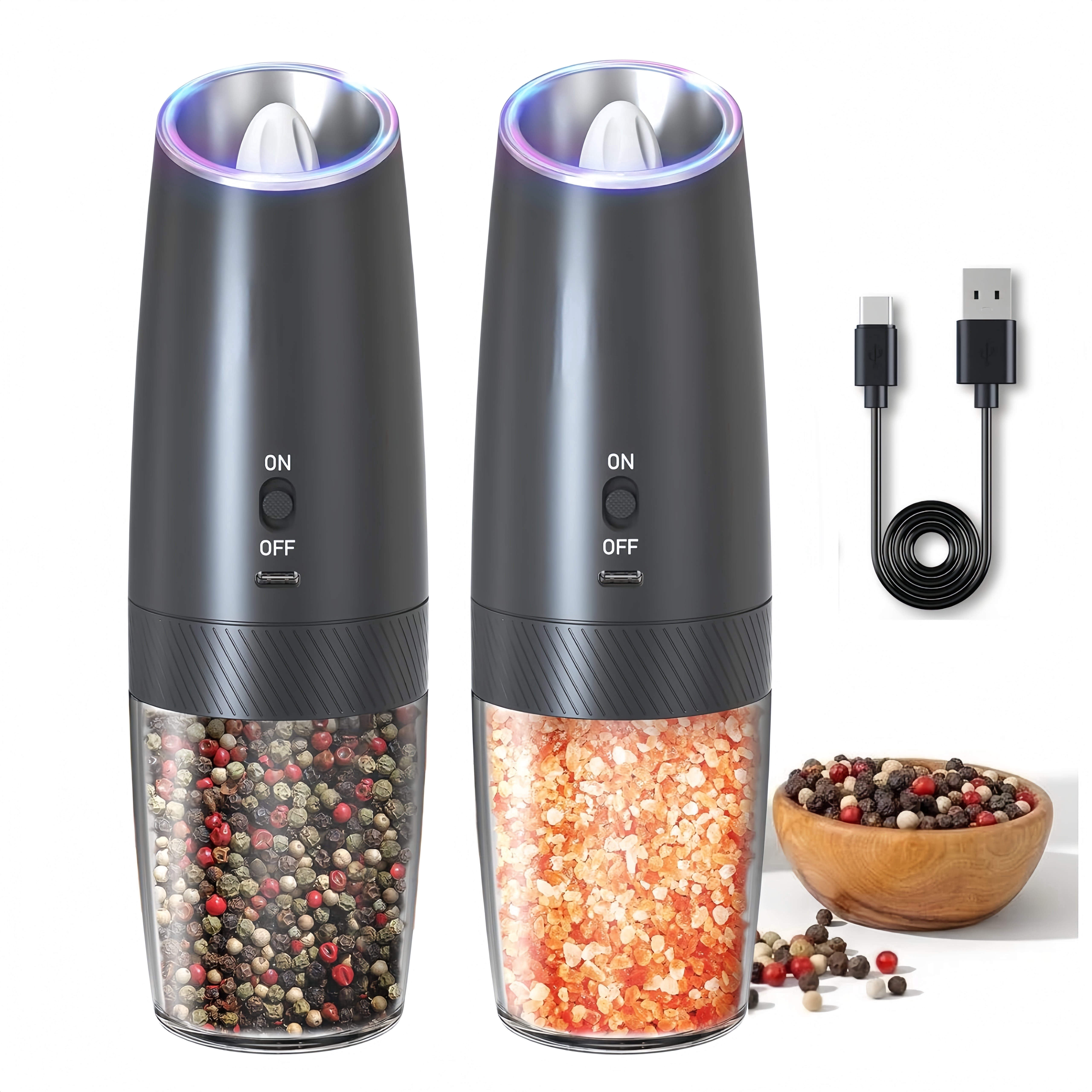 MSAS Electric Salt & Pepper Mill Grinder Shakers，Adjustable Coarseness Gravity LED Light USB Rechargeable, Black, 2 Pack