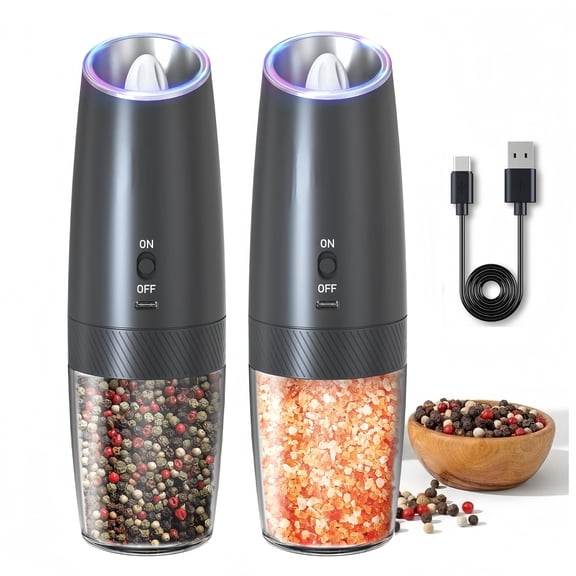 MSAS Electric Salt & Pepper Mill Grinder Shakers,Adjustable Coarseness Gravity LED Light USB Rechargeable, Black, 2 Pack