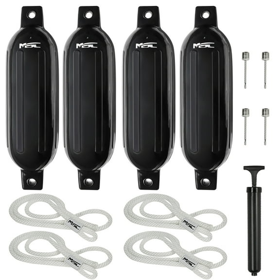 MSC Vinyl Ribbed Boat Fenders Bumpers (Black, 4.5" x 16"), 4 Fenders including fender lines and inflators