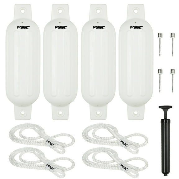 MSC Vinyl Ribbed Boat Fenders Bumpers (White, 5.5" x 20"), 4 Fenders including fender lines and inflators