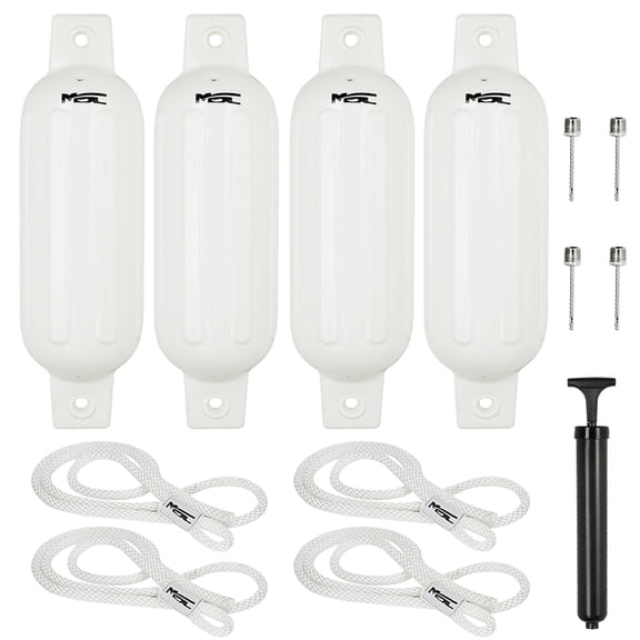MSC Vinyl Ribbed Boat Fenders Bumpers (White, 8.5" x 27"), 4 Fenders including fender lines and inflators