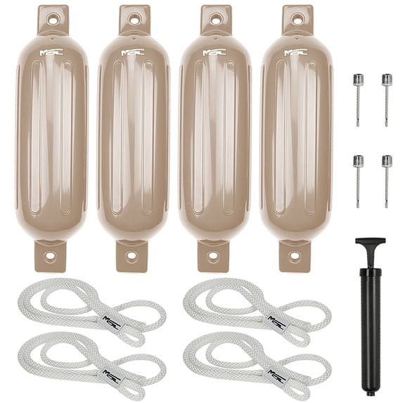 MSC Vinyl Ribbed Boat Fenders Bumpers, w/Fender Lines and a Simply Constructed inflator (Sand, 8.5" x 27"), 4 Fenders including fender lines and inflators