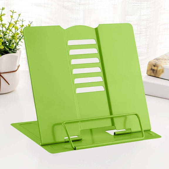 MSDADA Book Stand Metal Reading Rest Book Holder Adjustable Cookbook Documents Holder Portable Sturdy Bookstands for Recipes Textbooks Tablet Music Books with Page Clips (Green)