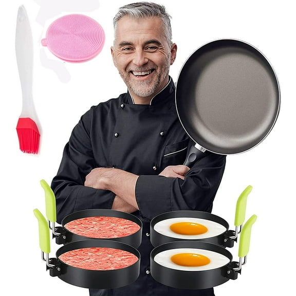 MSDADA Large 3.5 inch Round Egg Rings, Nonstick Stainless Steel Egg Ring with Anti-scald Handle for English Muffins Pancake Cooking Griddle - Breakfast Tool for Eggs Frying/Shaping(4Pack)