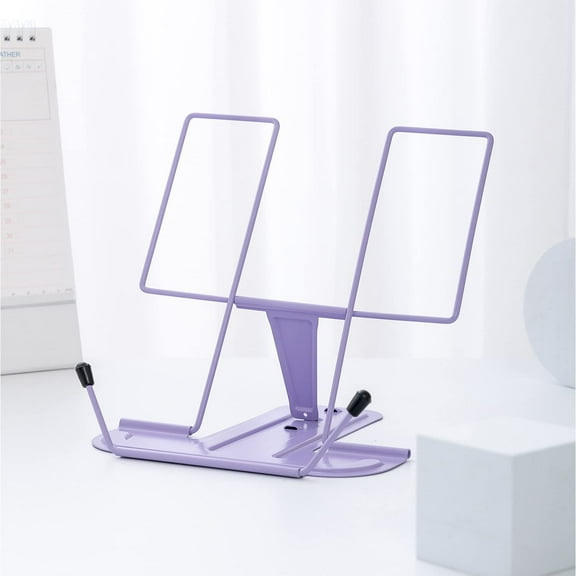 MSDADA Metal Book Stand for Desk, Adjustable Reading Rest Book Holder, Portable Cookbook Documents Holder, Sturdy Typing Stand for Recipes Textbooks Tablet Music Books with Page Clips (Purple)