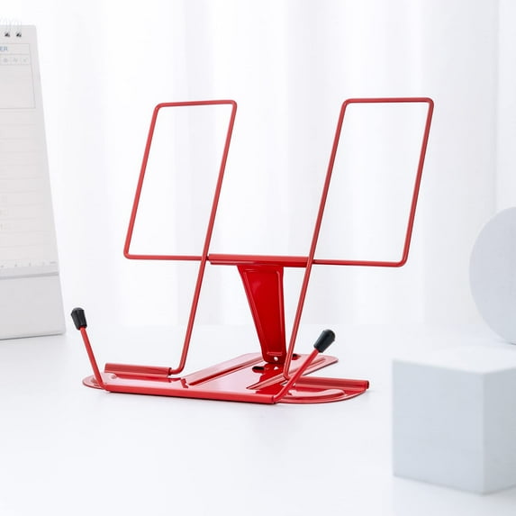 MSDADA Metal Book Stand for Desk, Adjustable Reading Rest Book Holder, Portable Cookbook Documents Holder, Sturdy Typing Stand for Recipes Textbooks Tablet Music Books with Page Clips (Red)