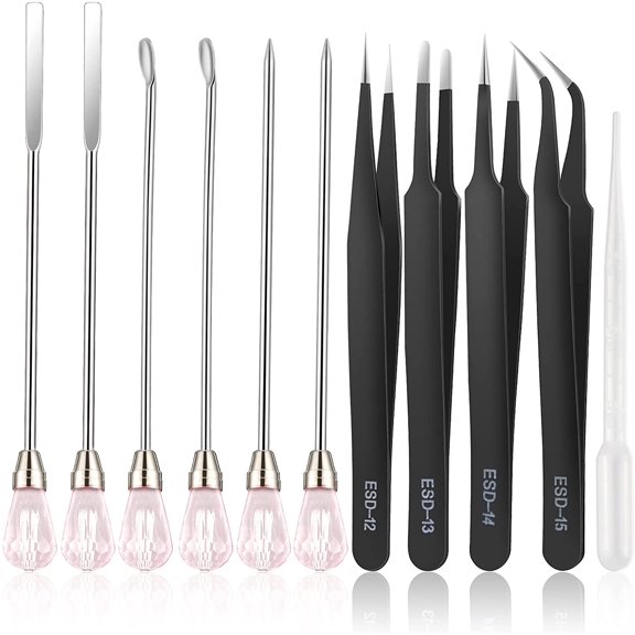 MSDADA Silicone Resin Mold Tool Kit 11Pcs, Tweezers, Stirring Bar, Needles, Spoons, Dropper for DIY Epoxy Resin Casting Craft(Pink)