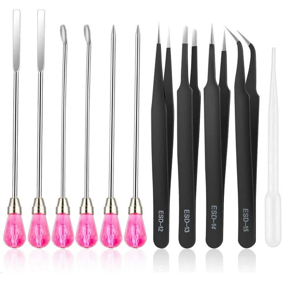 MSDADA Silicone Resin Mold Tool Kit 11Pcs, Tweezers, Stirring Bar, Needles, Spoons, Dropper for DIY Epoxy Resin Casting Craft(Red)